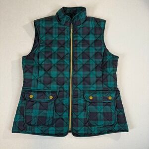 St Johns Bay Plaid Quilted Vest Women's Green Navy Blue Puffer Gilet Size M